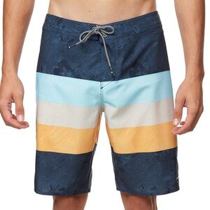 O'Neill Hyperfreak Domain Blue Turquoise Yellow Grey Stripe Board Shorts Size 36